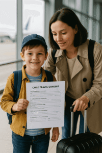 Parent travelling with child using child travel consent form at airport
