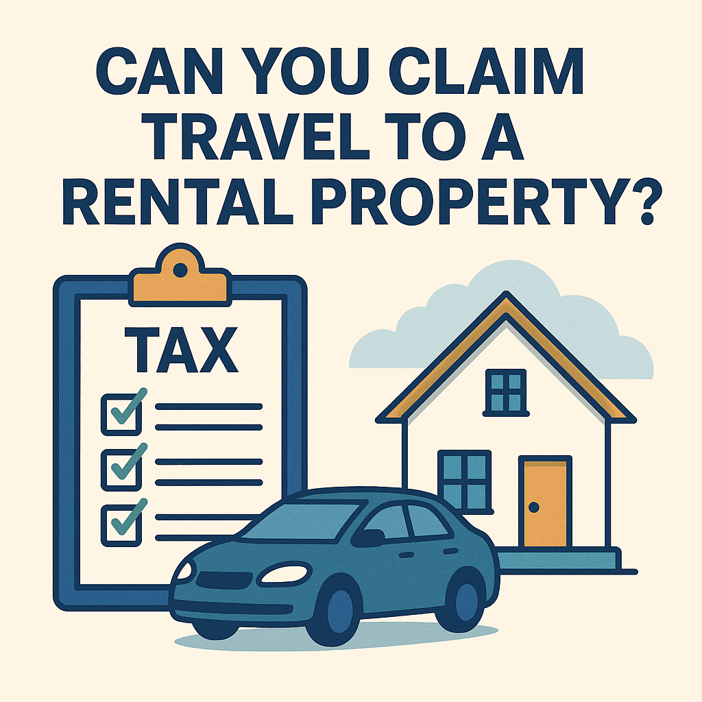 Vector-style illustration showing a car, a house, and a tax checklist clipboard under the headline "Can you claim travel to a rental property?"