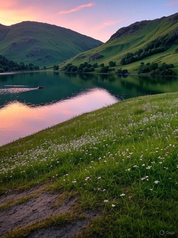 湖区，英国的迷人景致，晴空下平静的湖水倒映着青山