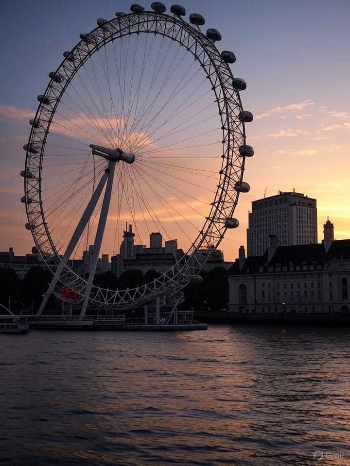 英国顶级旅游景点伦敦眼在泰晤士河落日余晖的映衬下熠熠生辉