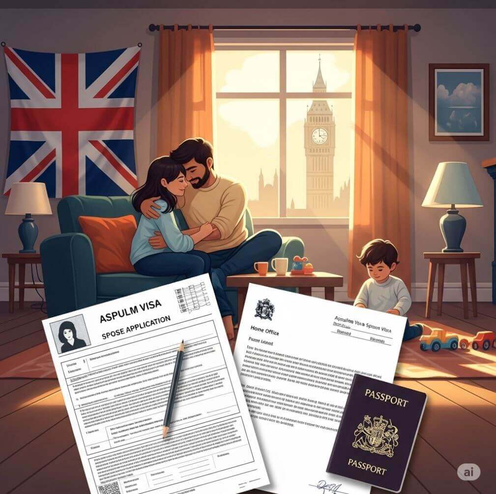 A worried couple sits together, facing immigration uncertainty, with the question “Can Asylum Seeker Apply for Spouse Visa in UK?” shown above them.