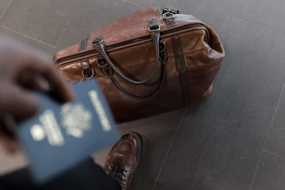 Ceļotājs, kurš lidostā pietupiestā turpina pasi un viedtālruni, aiz muguras redzamas informācijas ploči